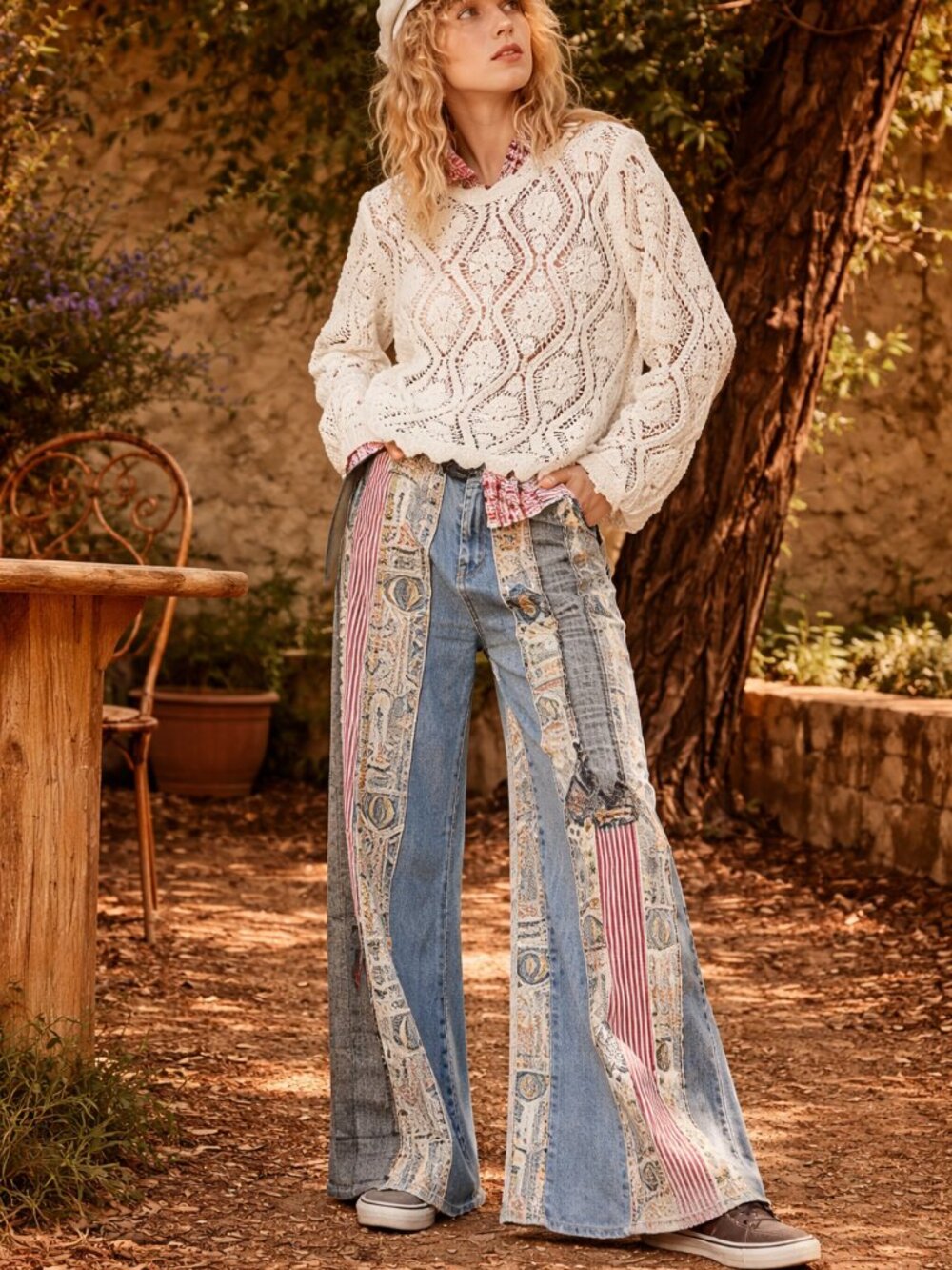 POL Boho Super Baggy with 90s Grunge Flare Stripes & Tribal Print Distressed Jea - Picture 2 of 9
